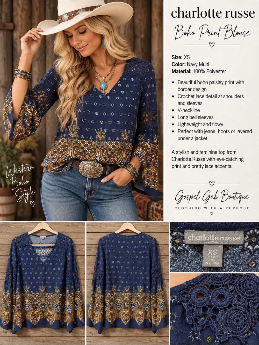 Charlotte Russe XS Navy Paisley Boho Top Crochet Lace Bell Sleeve Blouse